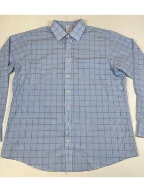Brooks Brothers Men 17 6/7 Regent Fit Blue Windowpane Non-Iron Cotton Shirt